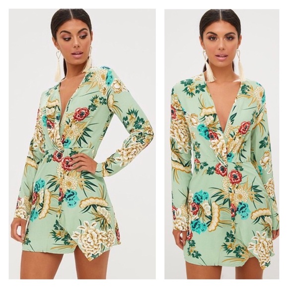 PrettyLittleThing Sage Green Printed Long Sleeve Wrap Dress 12 - Picture 2 of 12
